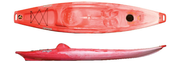 Top and side view of red kayak.